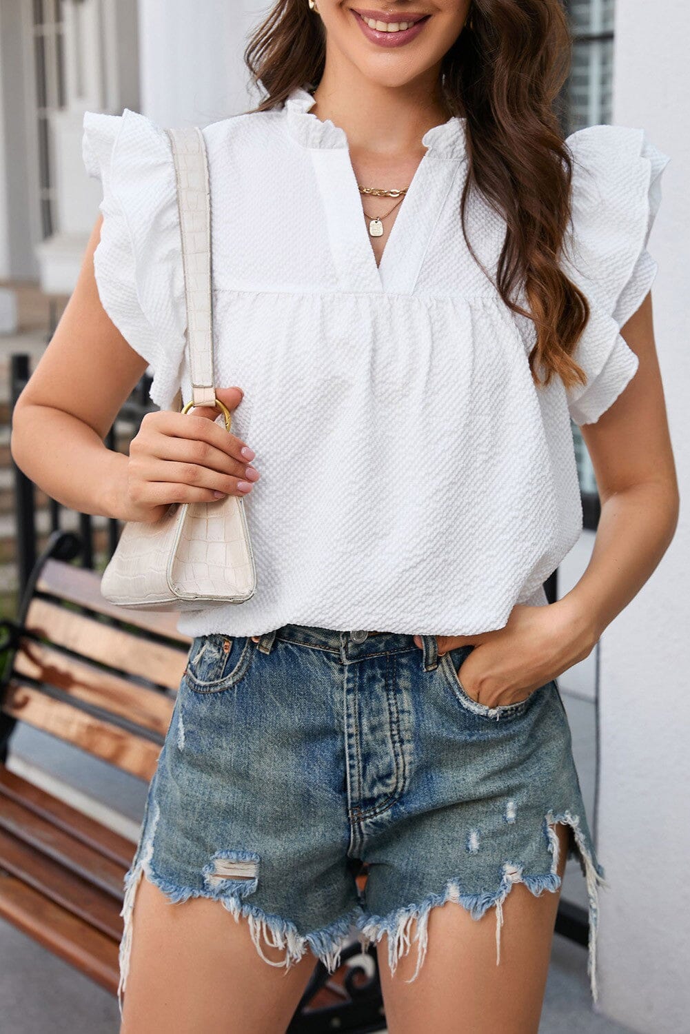 Ruffle Accent Flutter Sleeve Notch Neck Top Kentce