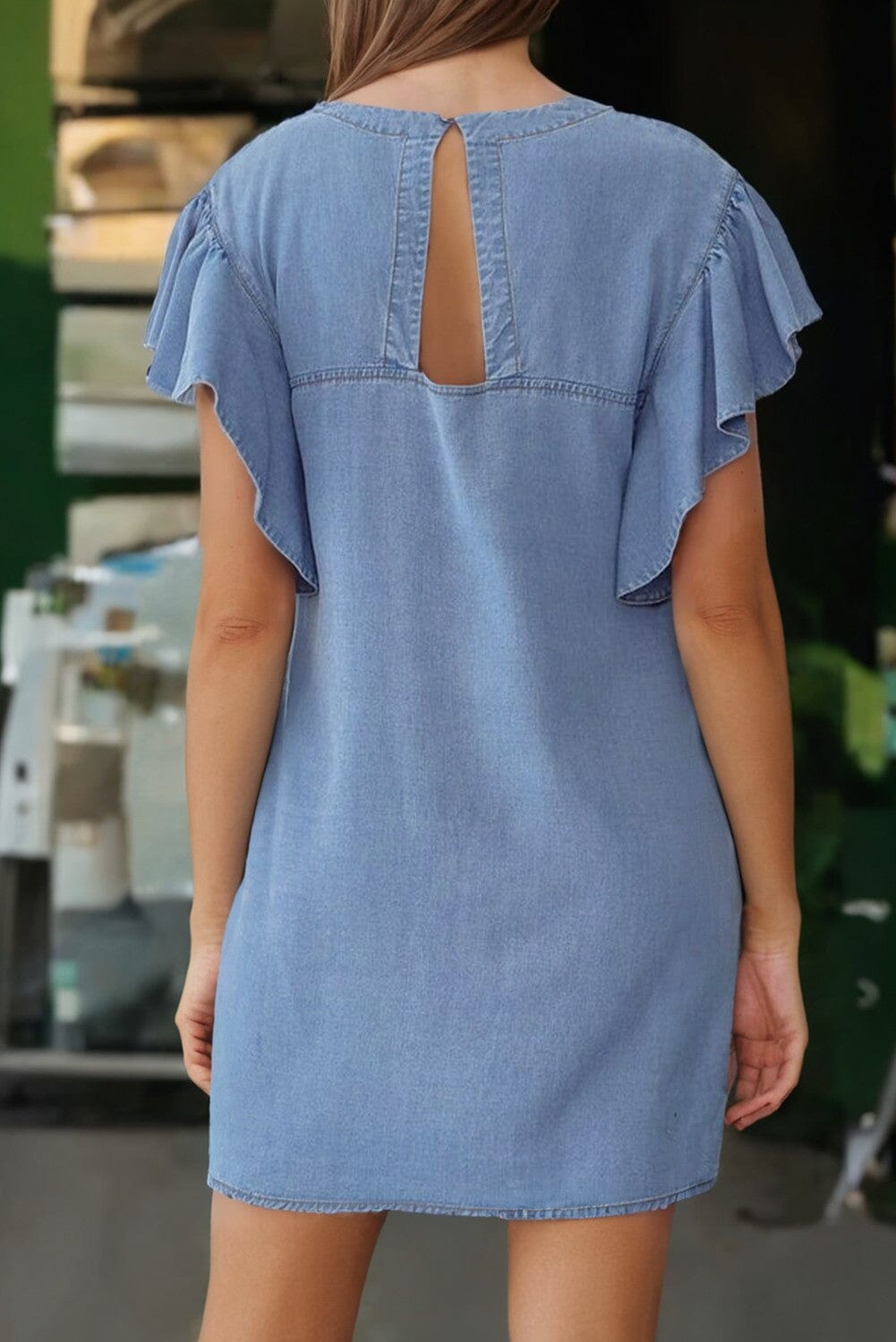 Ruffle Short Sleeve Chambray Dress Kentce