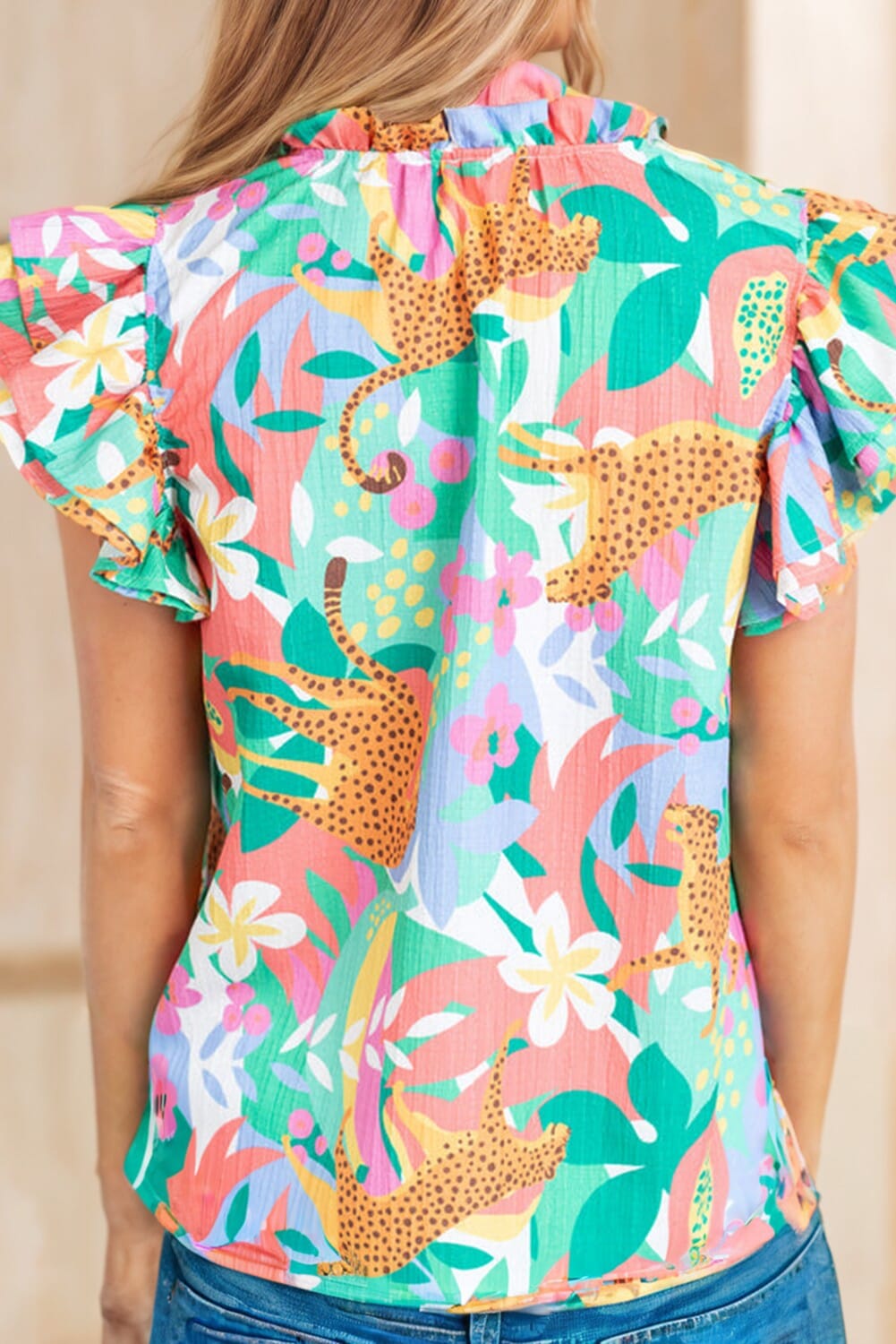 Ruffle Tie Split Neck Cheetah Floral Blouse Shewin