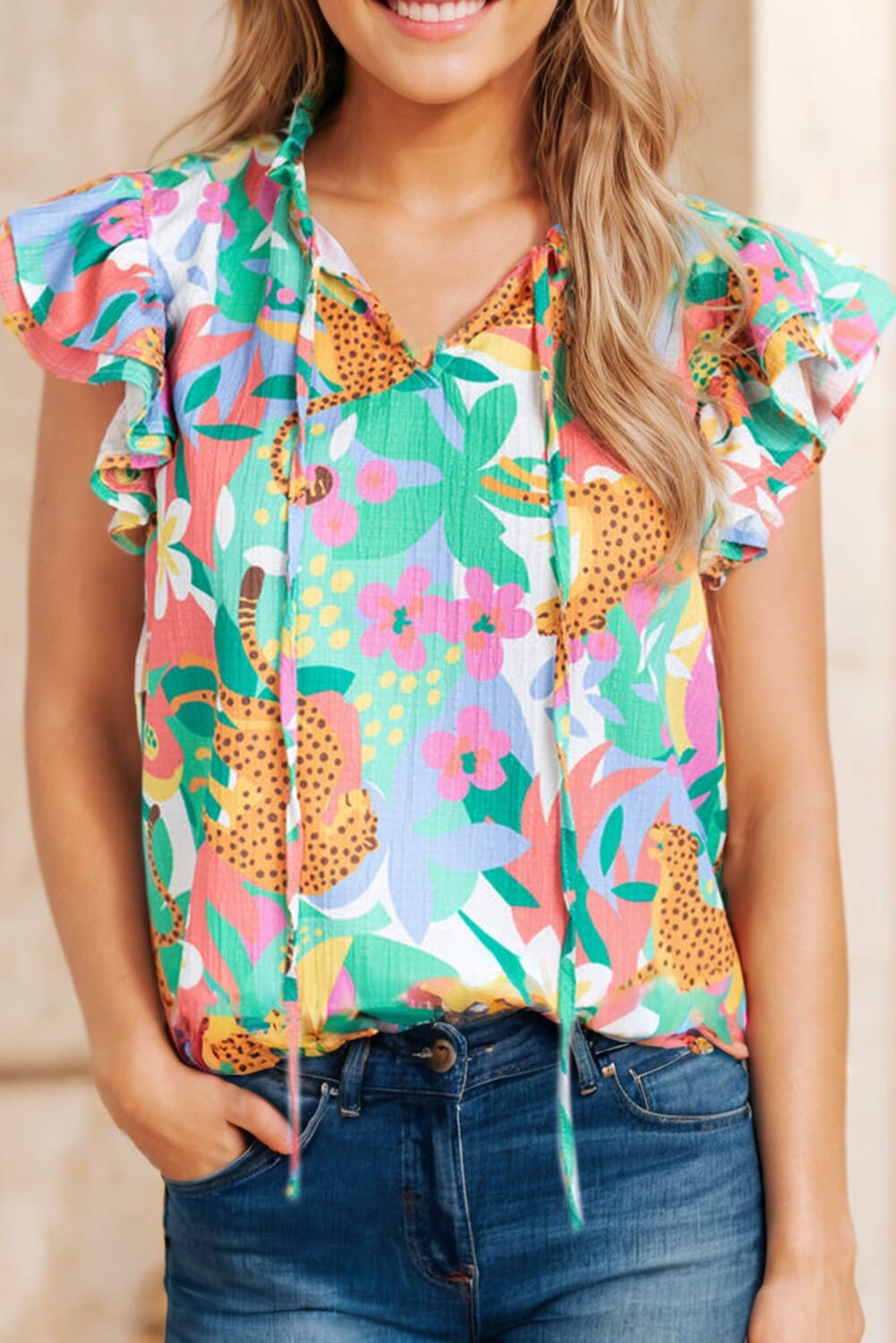 Ruffle Tie Split Neck Cheetah Floral Blouse Shewin