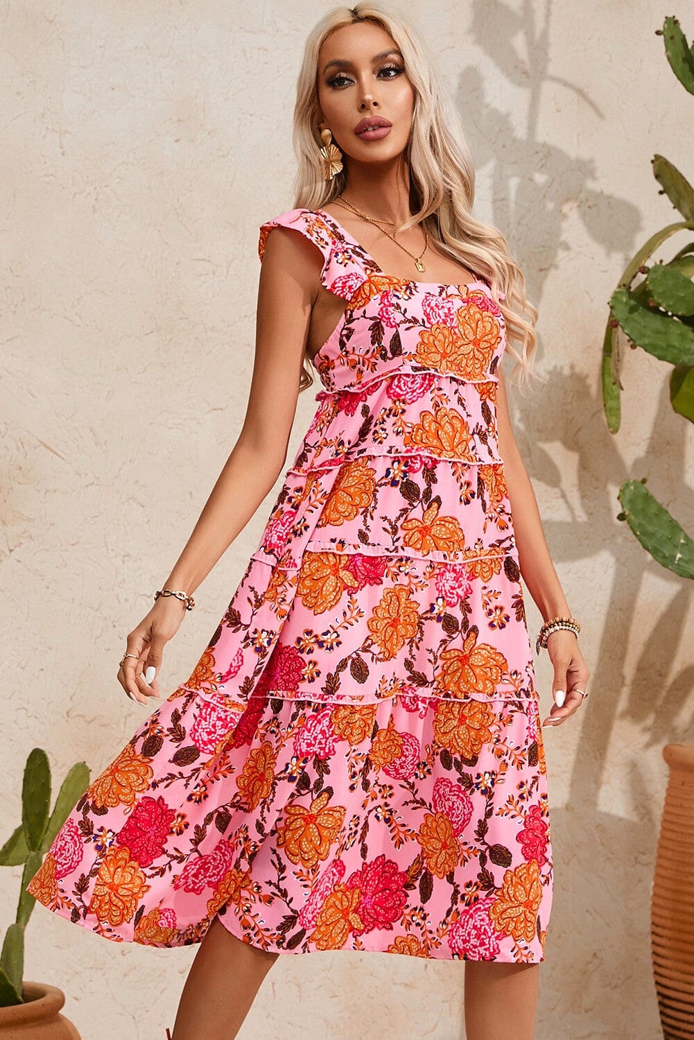 Ruffled Flutter Sleeve Tiered Midi Dress Kentce