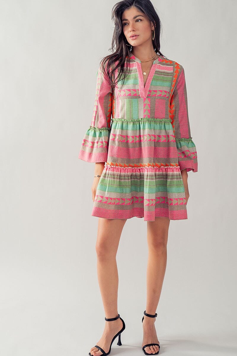 RUFFLED TRIM AZTEC PRINT TIERED DRESS Trend Notes