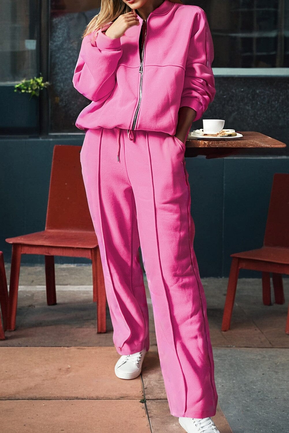 Seamed Zipper Jacket and Drawstring Waist Pant Set Kentce