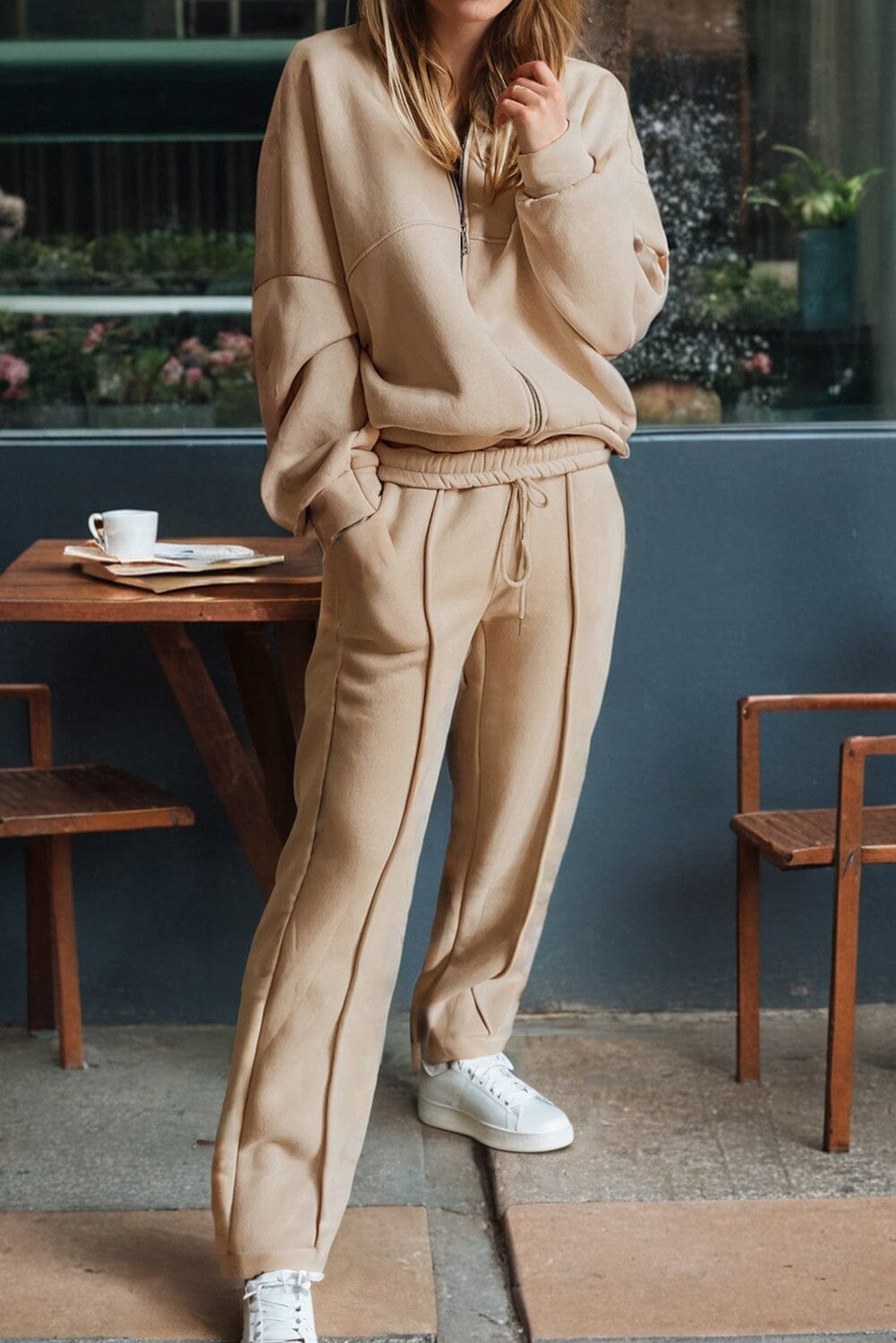 Seamed Zipper Jacket and Drawstring Waist Pant Set Kentce