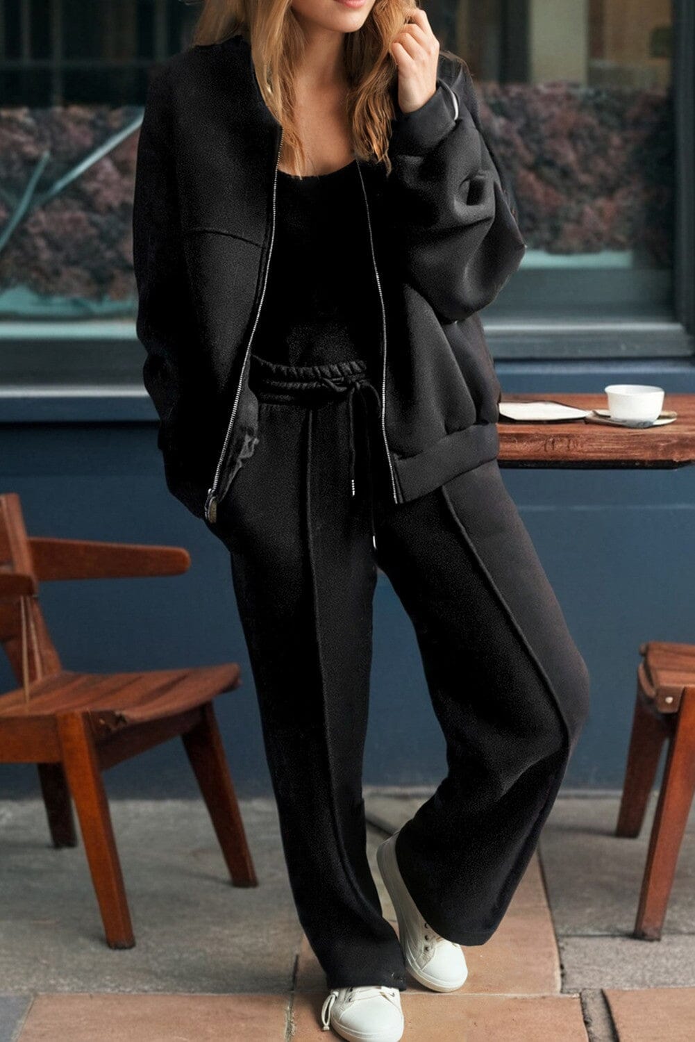 Seamed Zipper Jacket and Drawstring Waist Pant Set Kentce