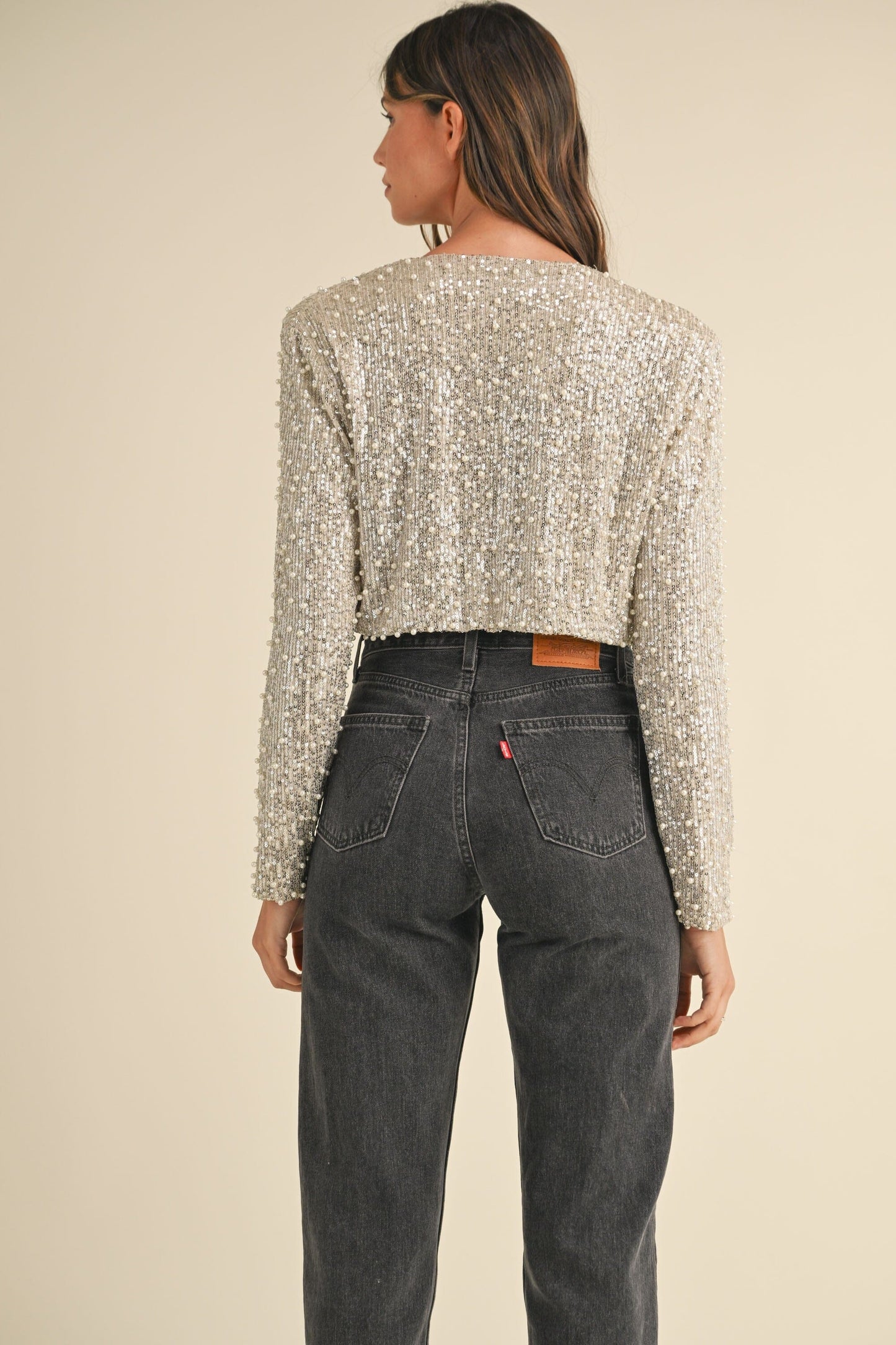 SEQUIN AND PEARL SATIN BOW TIED CROP JACKET mable