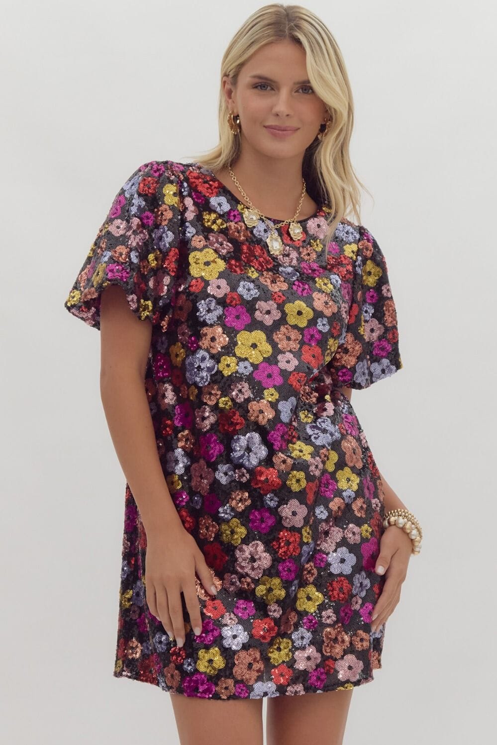 Sequin Floral Shift Dress Entro