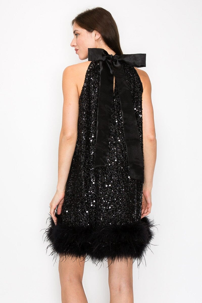 Sequin Halter Neck Feather Hem Detail Mini Dress INA