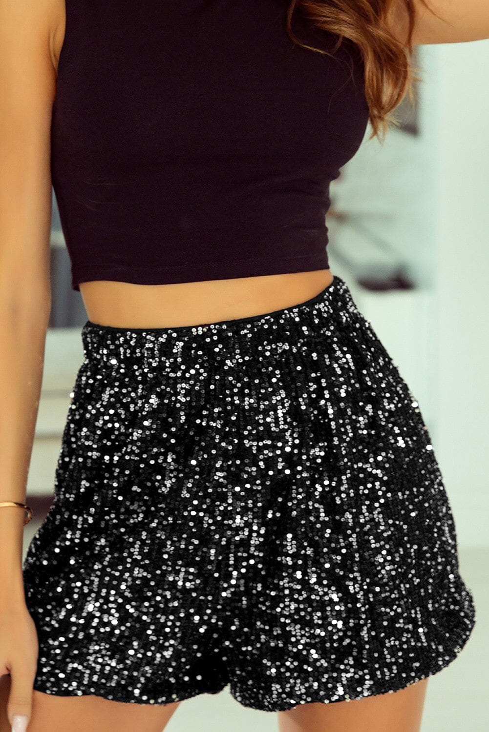 Sequin Straight Leg High Waist Casual Shorts Shiying
