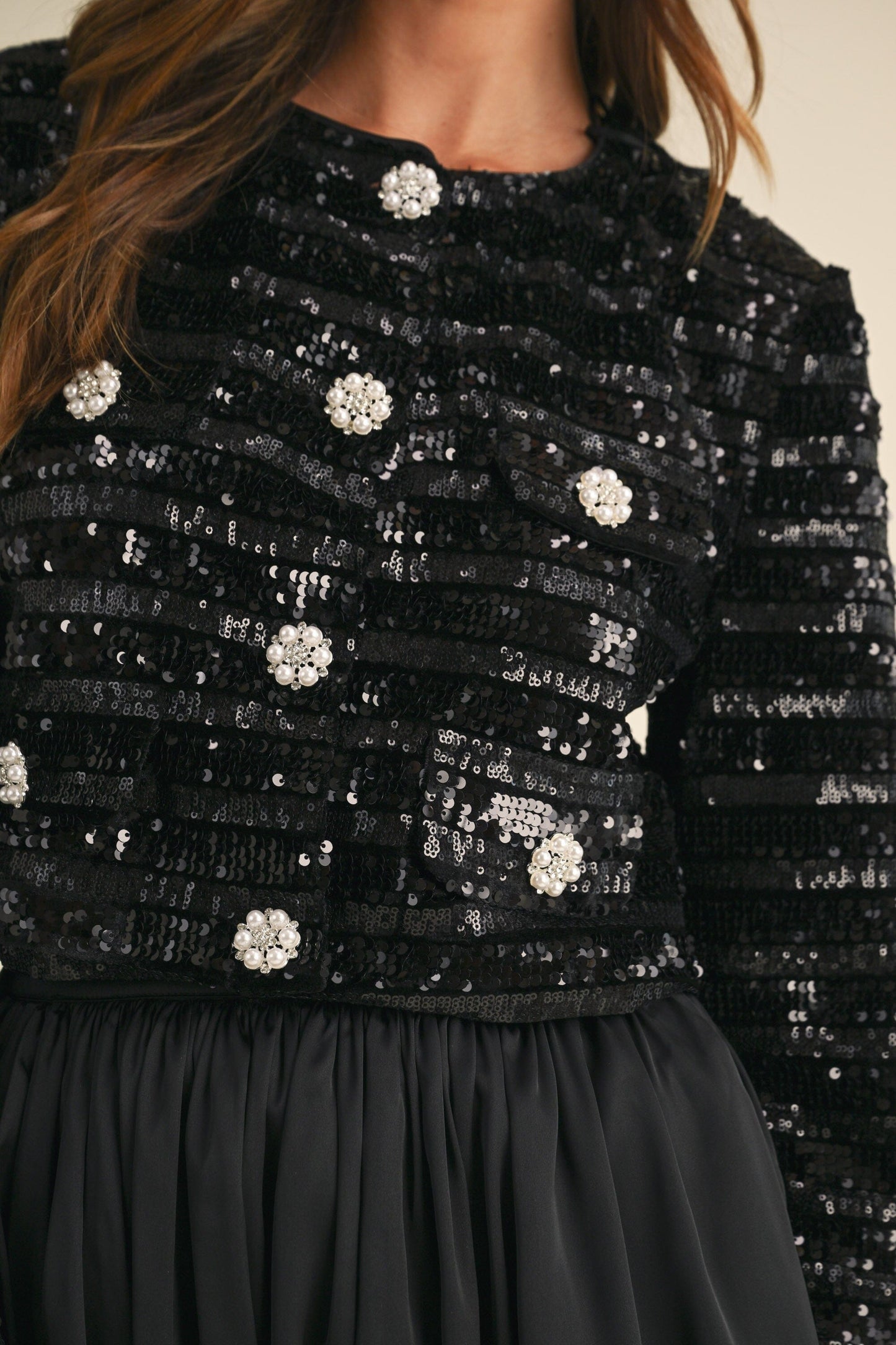 SEQUINED VELVET JEWEL BUTTON FRONT JACKET mable