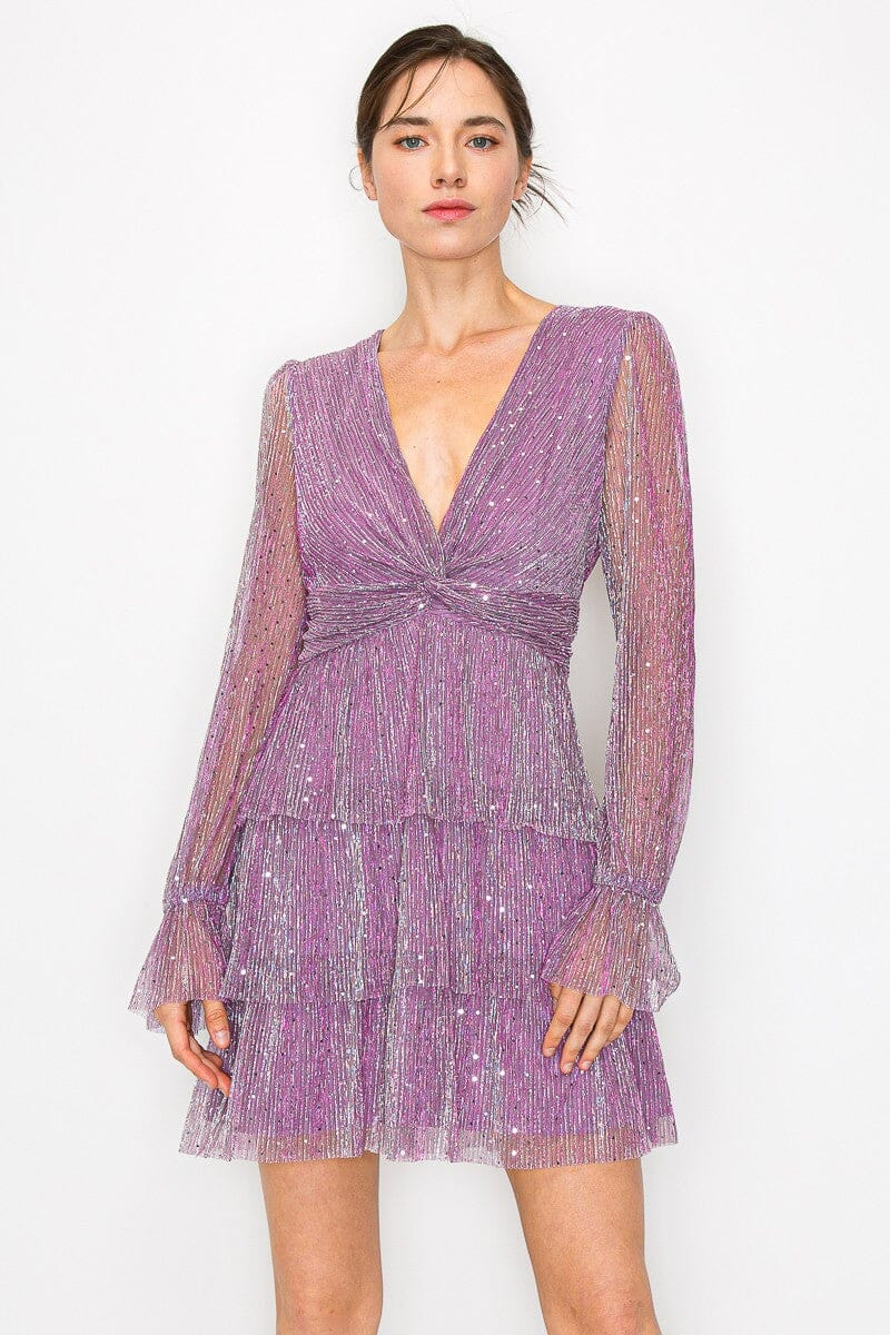 Shimmer Front Twist Long Sleeve Mini Dress INA