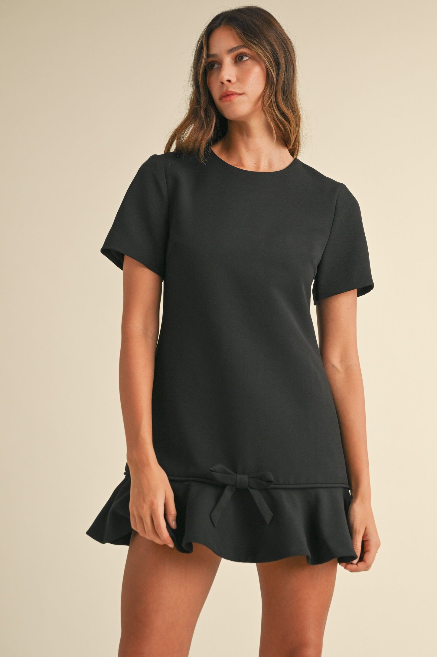 SHORT SLEEVE BOW DETAIL RUFFLE HEM MINI DRESS mable