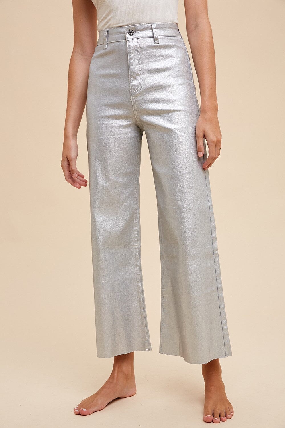 SILVER METALLIC STRETCH HIGH RISE WIDE LEG CROPPED DENIM JEAN Annie Wear