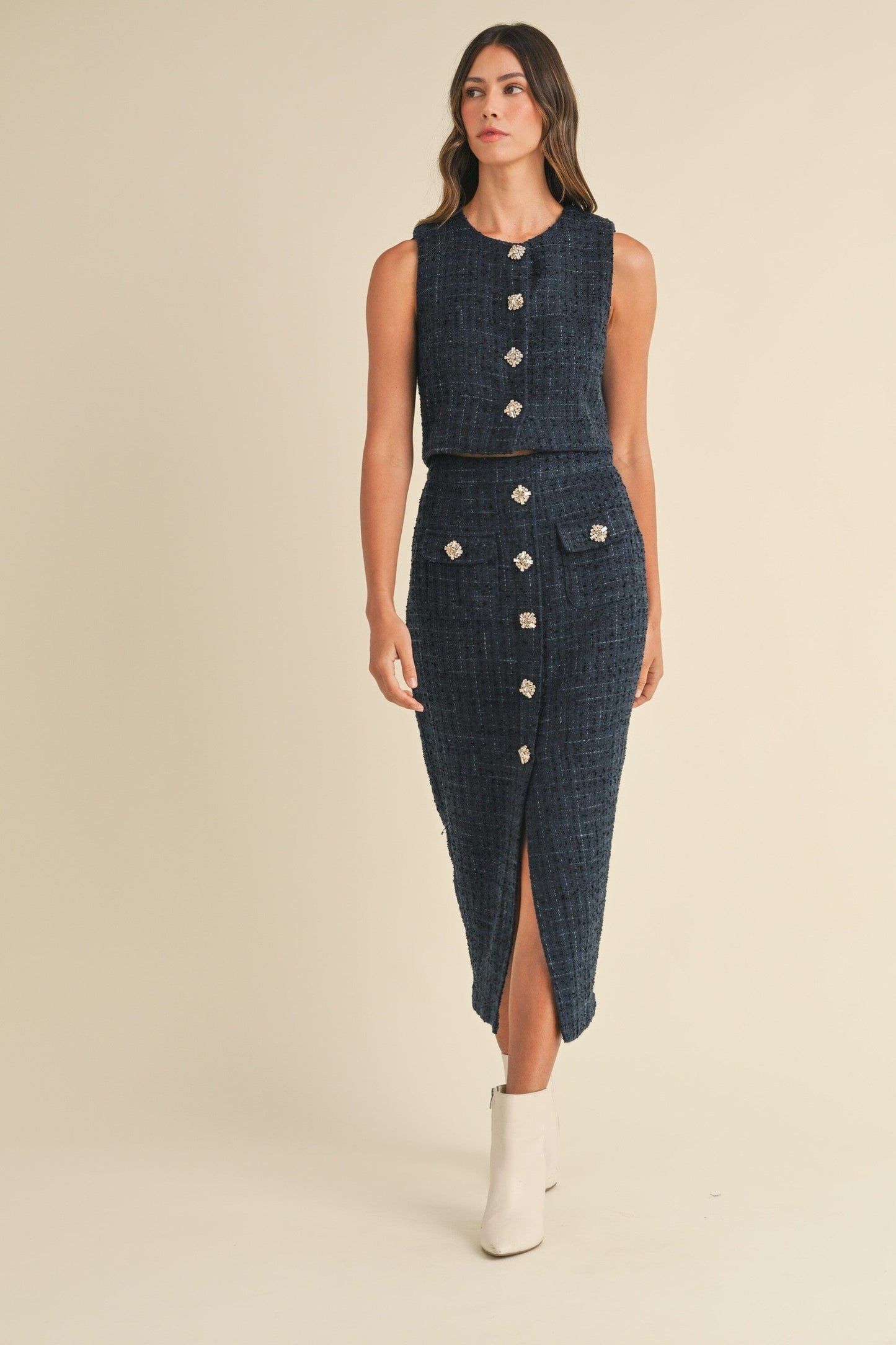 SLEEVELESS TWEED CROP TOP AND MIDI SKIRT SET Mable