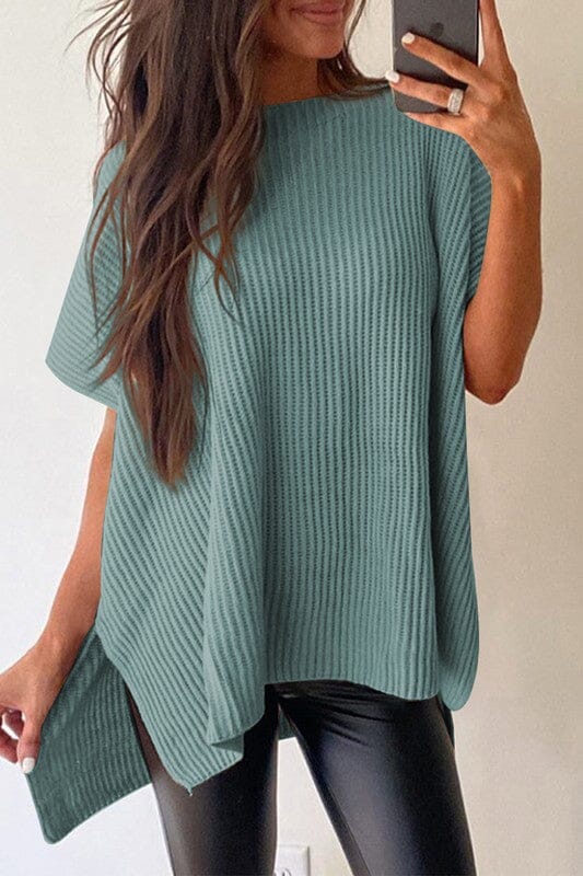 Slouchy Short Sleeve Sweater with Side Slits Shewin