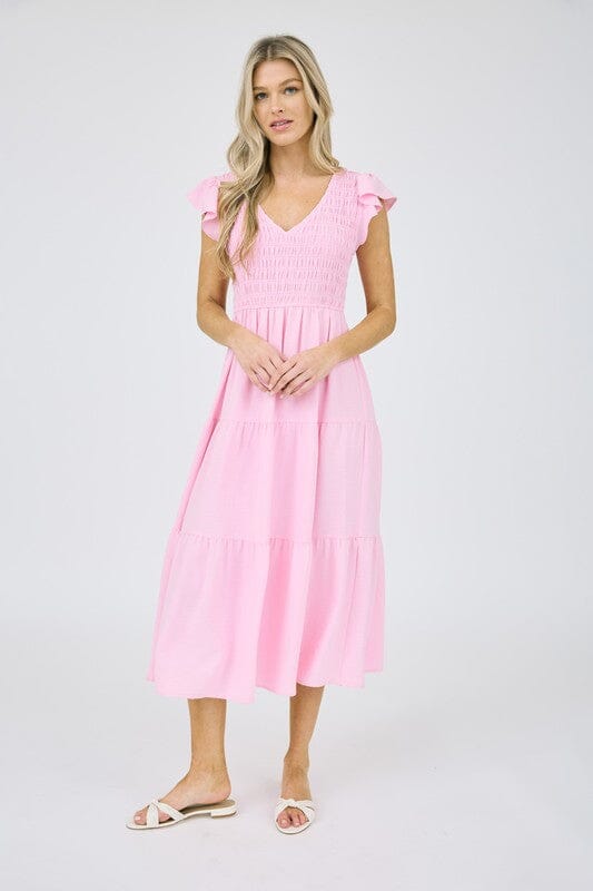 Smocked Bodice Flutter Sleeve Midi Sugarlips small Pink