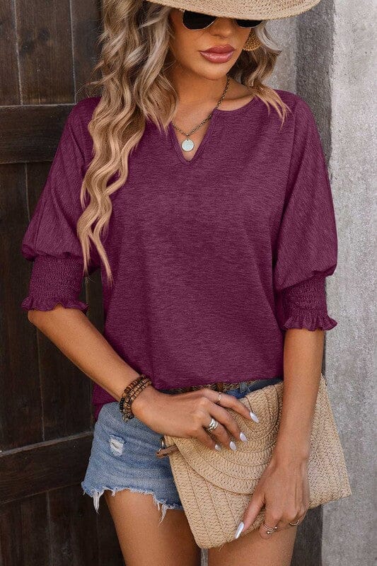Smocked Sleeve Split Neck Top Asia Direct