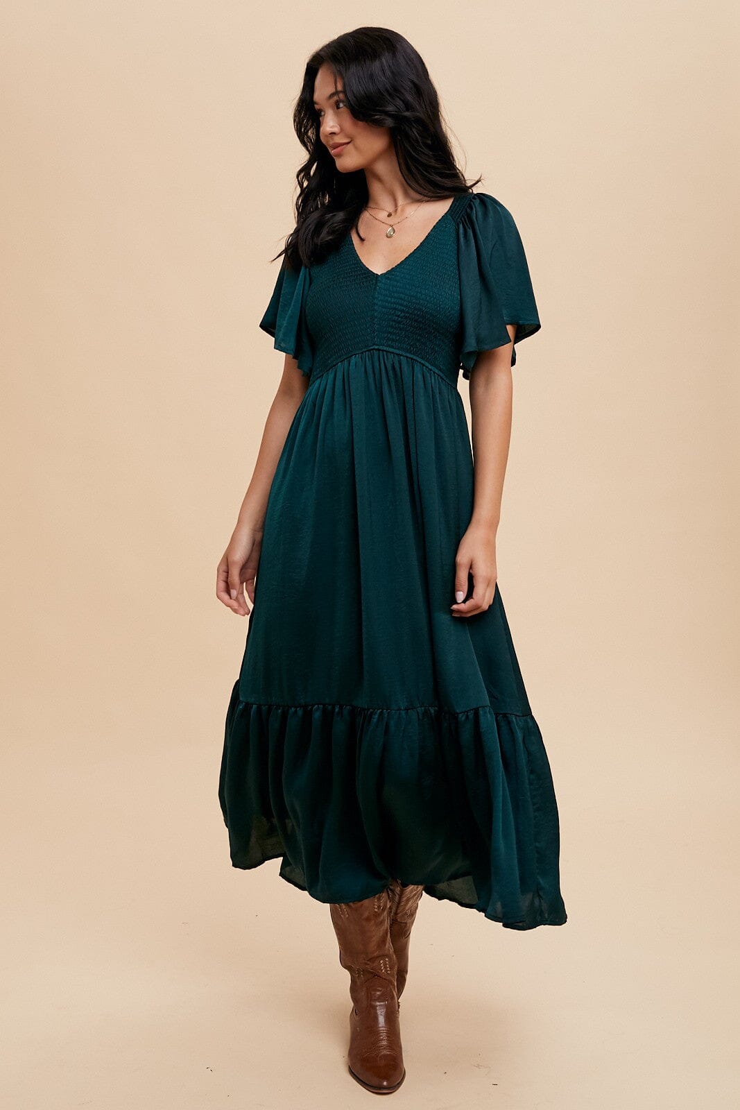 SMOCKED WASHED SATIN MIDI DRESS In Loom
