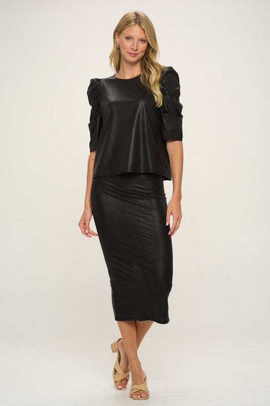 Snake Embossed Faux Leather Puff Sleeve Top Cherish