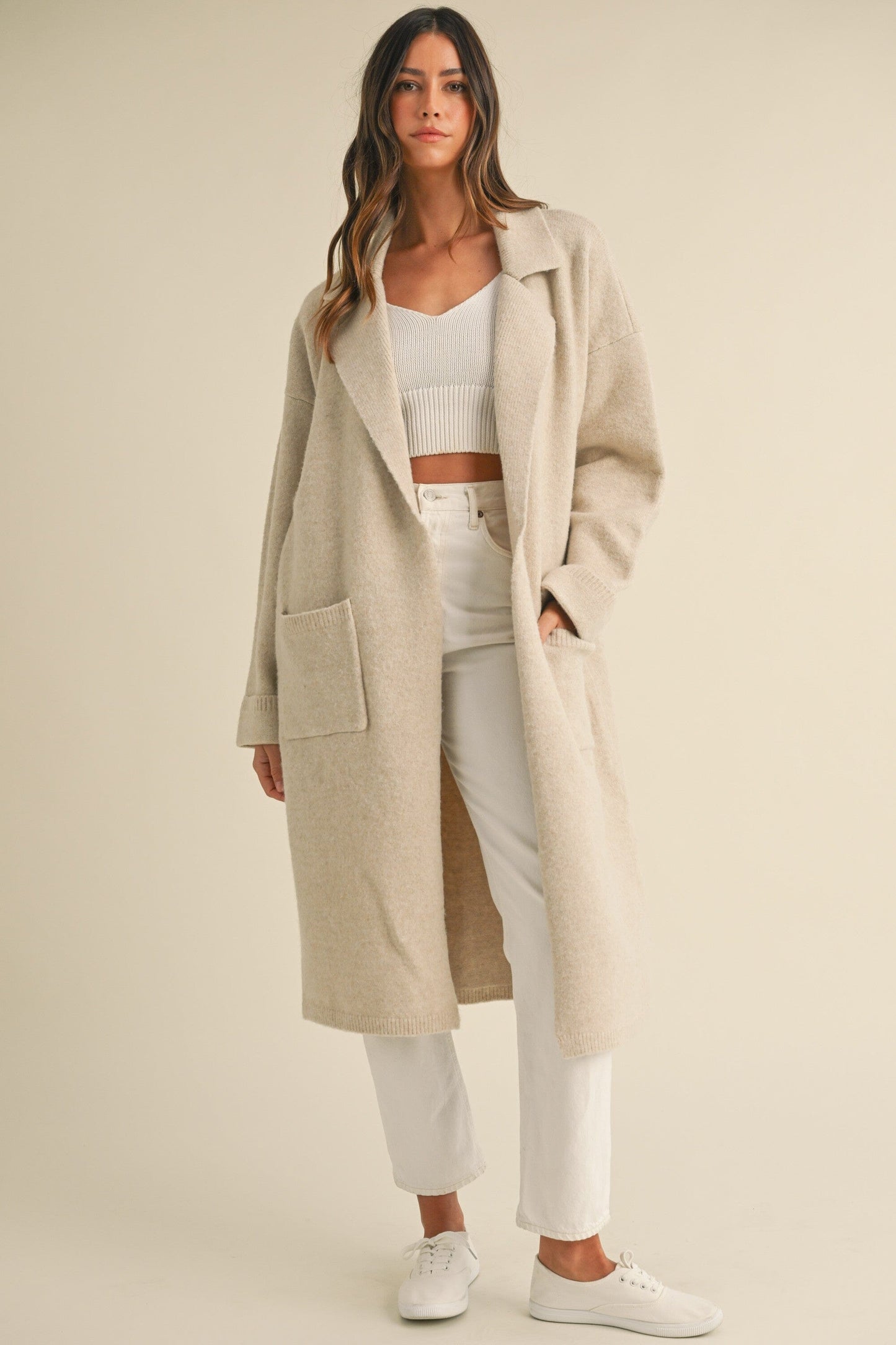 SOLID COLLARED OPEN SWATER KNIT LONG JACKET mable