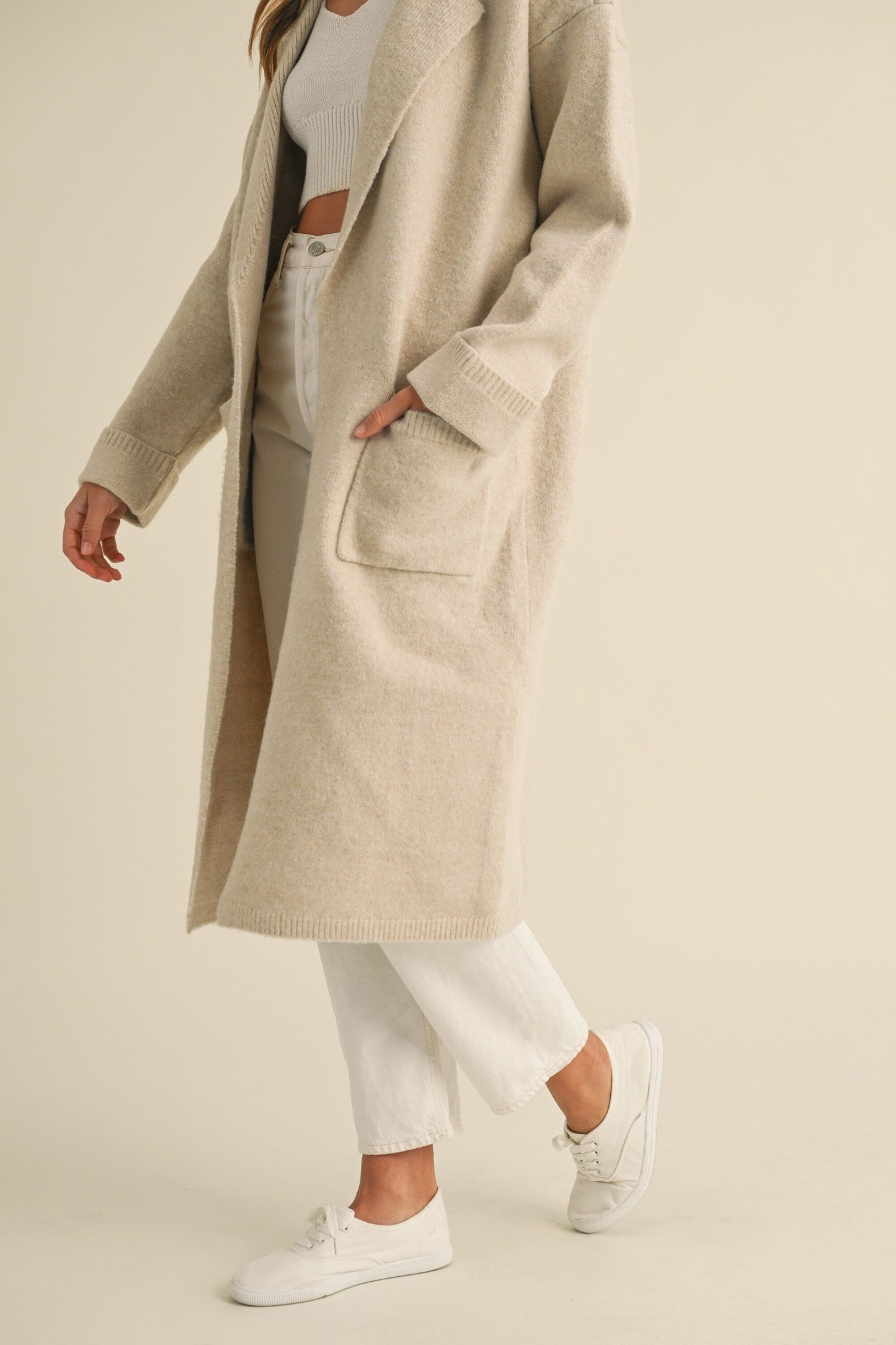 SOLID COLLARED OPEN SWATER KNIT LONG JACKET mable
