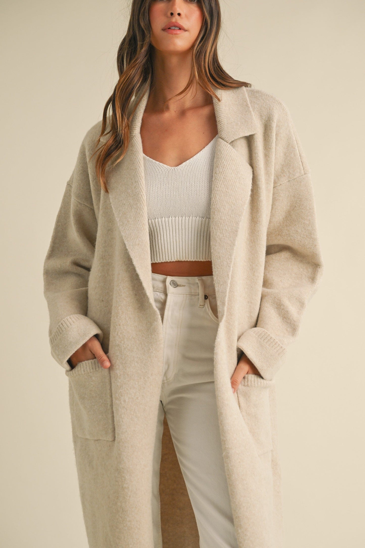 SOLID COLLARED OPEN SWATER KNIT LONG JACKET mable