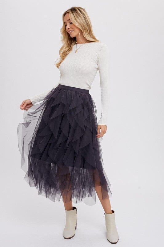 Spiral Ruffle Tulle Midi Skirt Bluivy