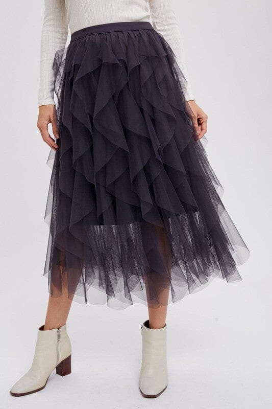 Spiral Ruffle Tulle Midi Skirt Bluivy