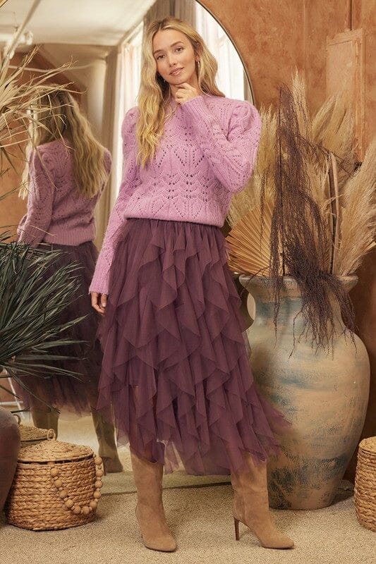 Spiral Ruffle Tulle Midi Skirt Bluivy