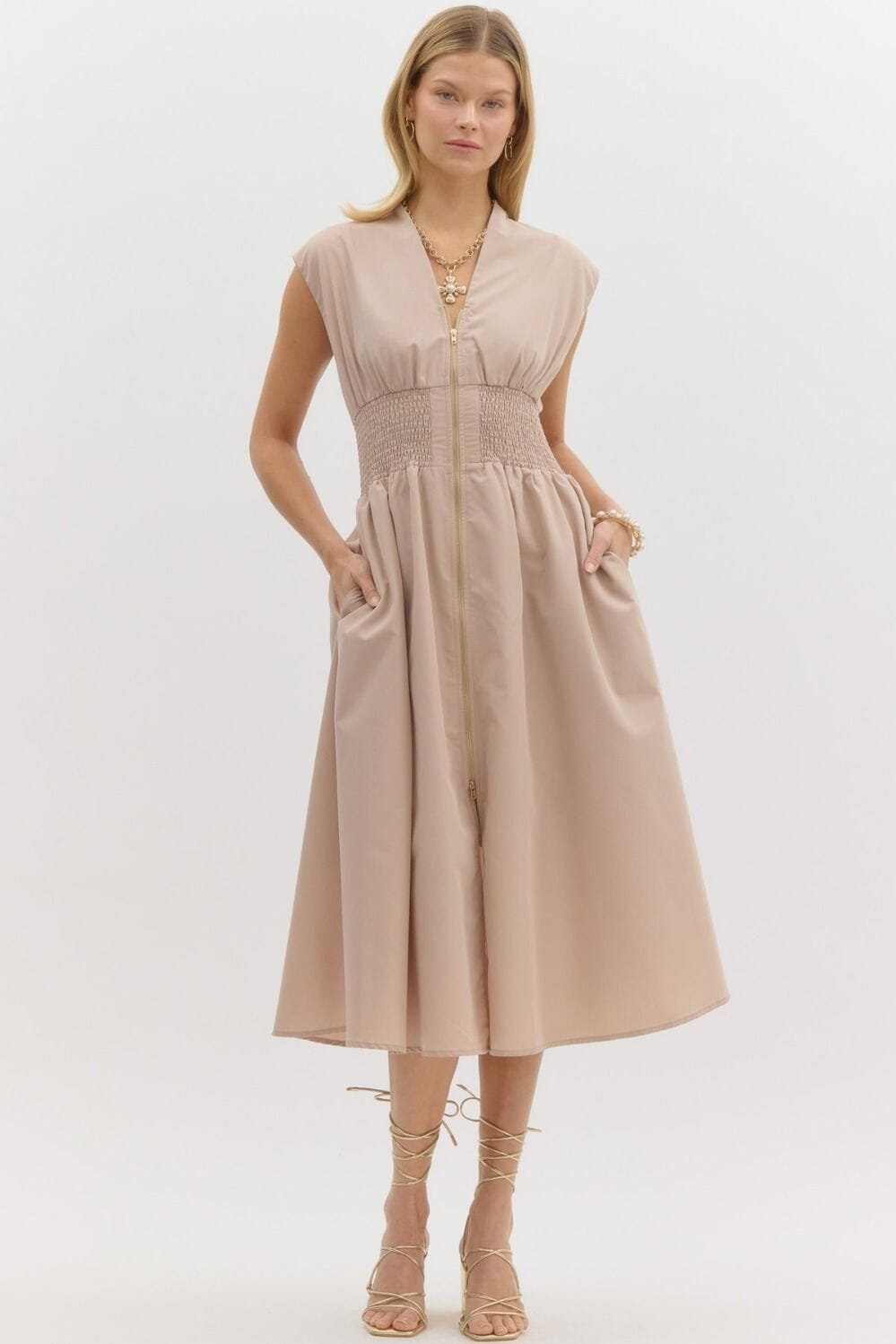 Spring Dual Zipper Poplin Dress Entro small Khaki