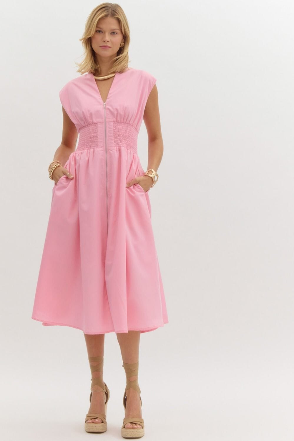 Spring Dual Zipper Poplin Dress Entro small Pink