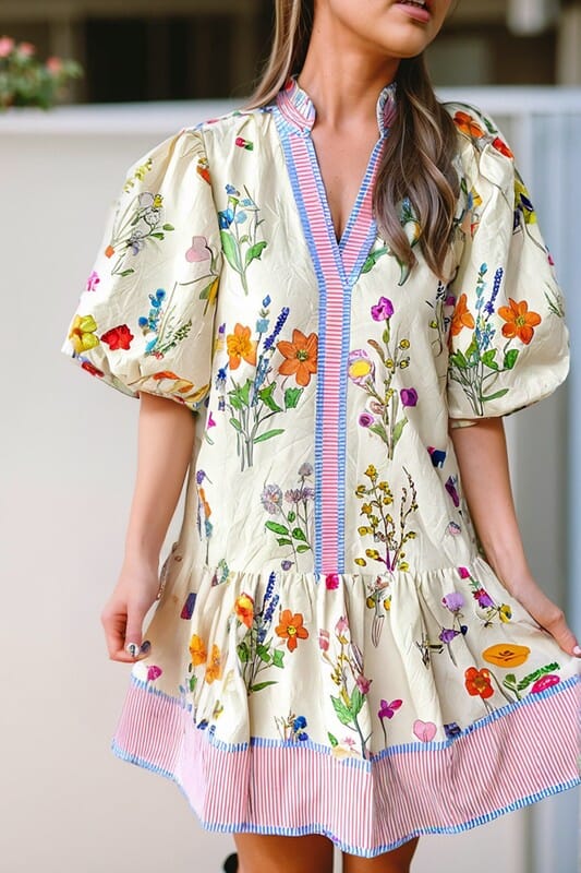 Spring Floral Puff Sleeve Dress with Striped Trim Detail Shewin