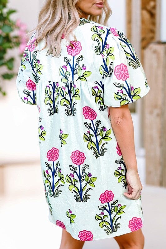 Spring Floral Puff Sleeve Dress with Tassels Shewin