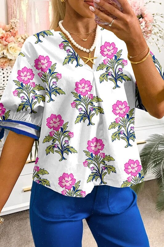 Spring Floral Puff Sleeve Top with Banded Arm Shewin