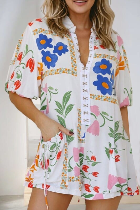 Spring Floral Split Neck Romper Shiying