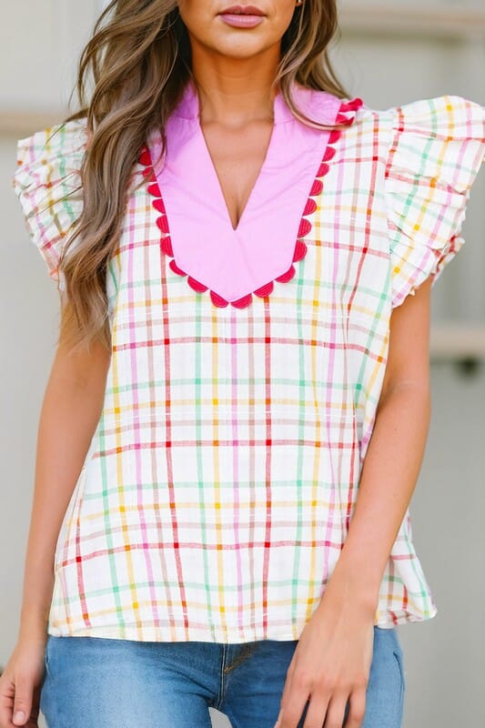 Spring Gingham Top with Pink Yoke Shewin