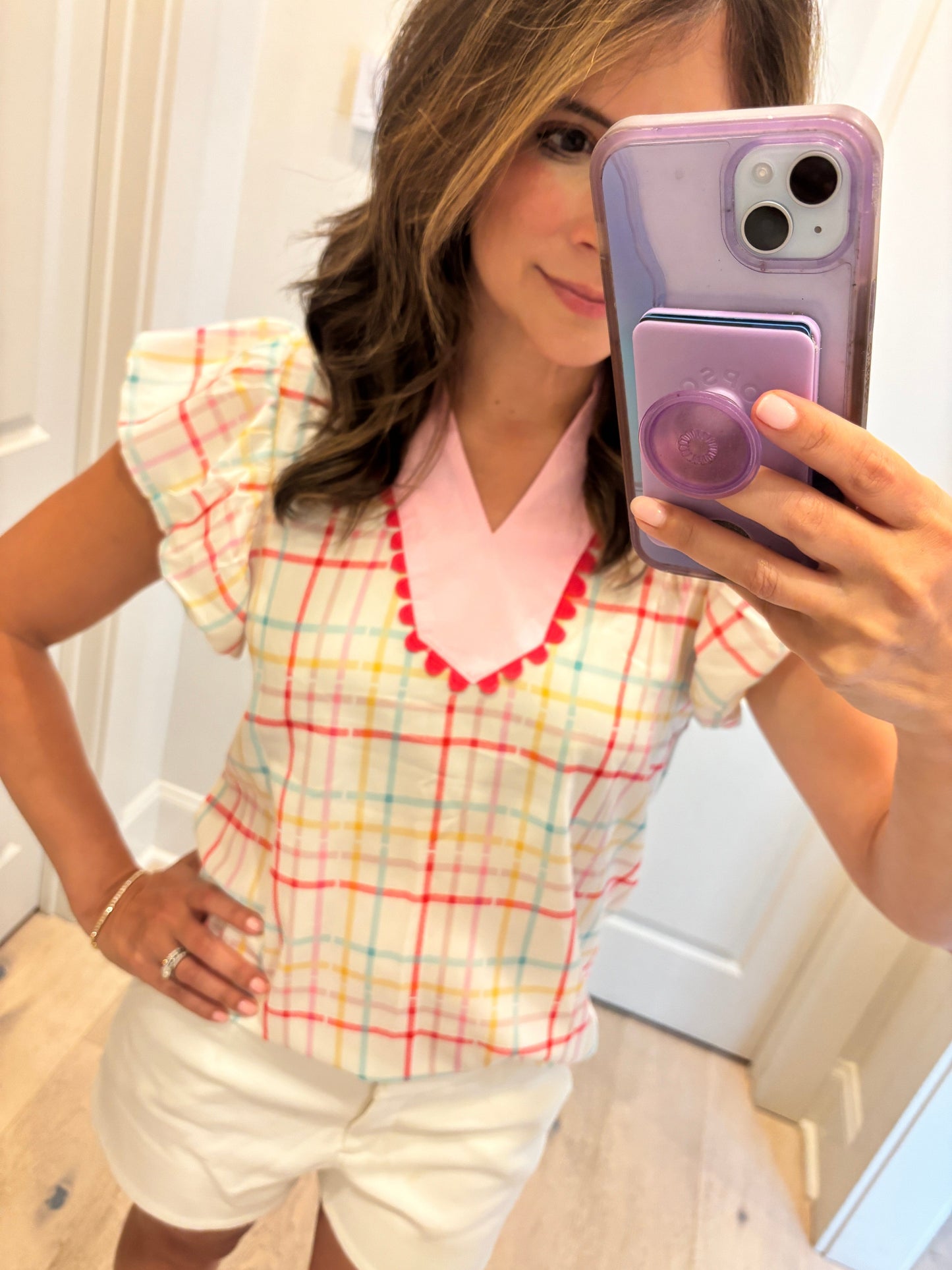 Spring Gingham Top with Pink Yoke Shewin
