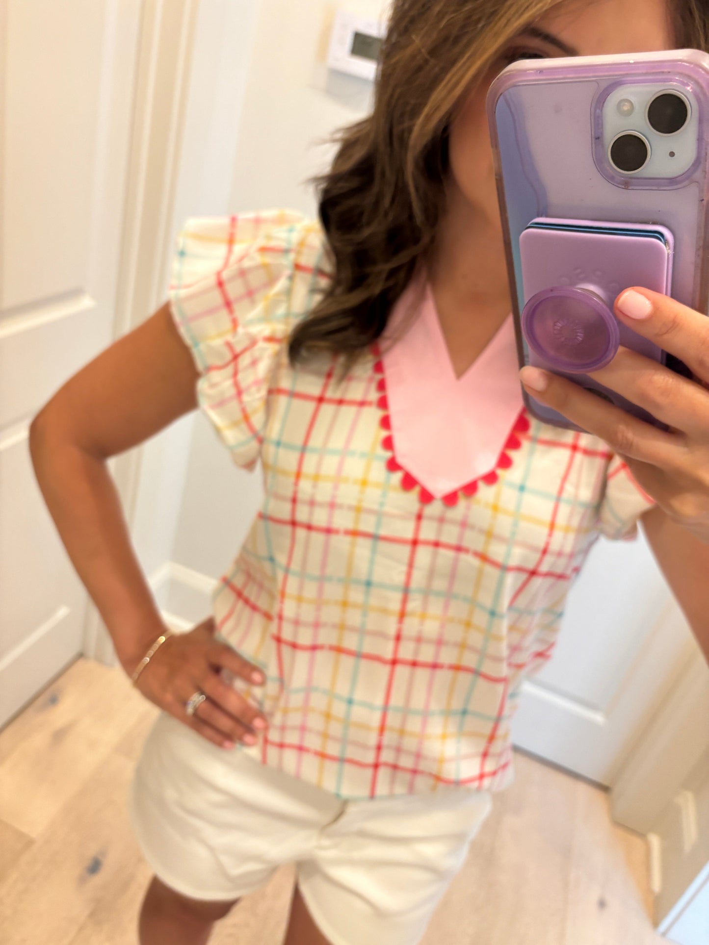 Spring Gingham Top with Pink Yoke Shewin