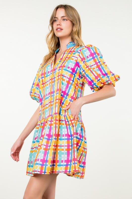 Spring Plaid Puff Sleeve Dress THML