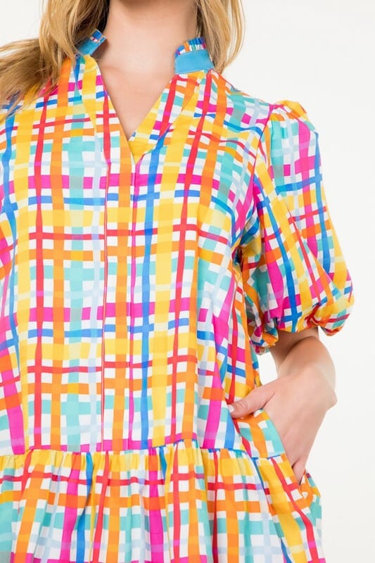 Spring Plaid Puff Sleeve Dress THML