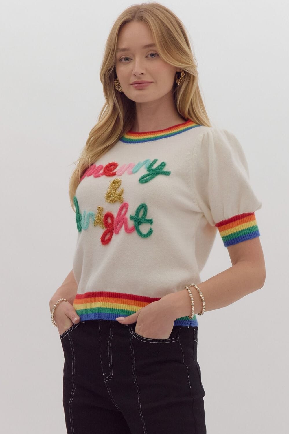 SS Merry & Bright Glitter Script Rainbow Sweater Entro