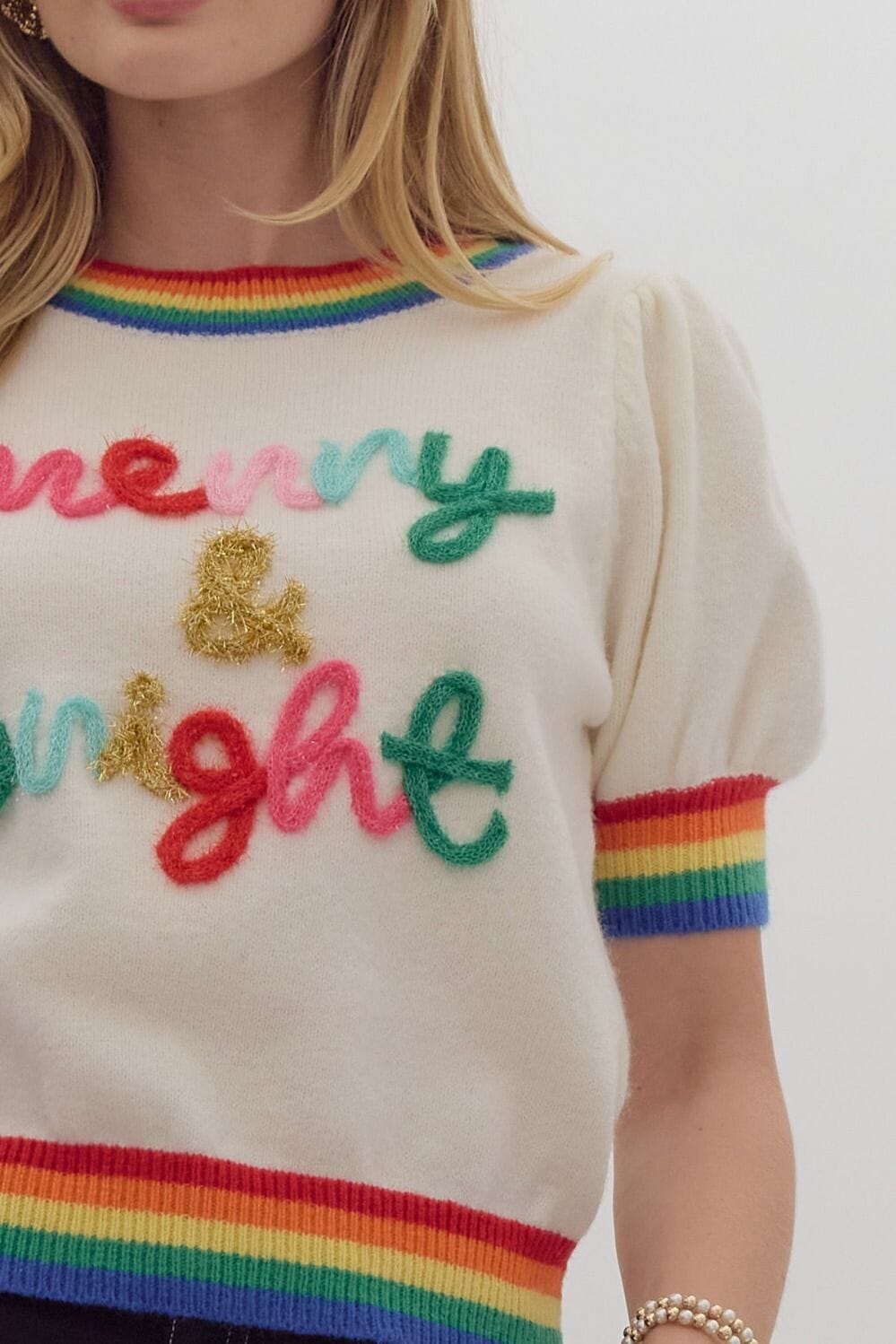 SS Merry & Bright Glitter Script Rainbow Sweater Entro