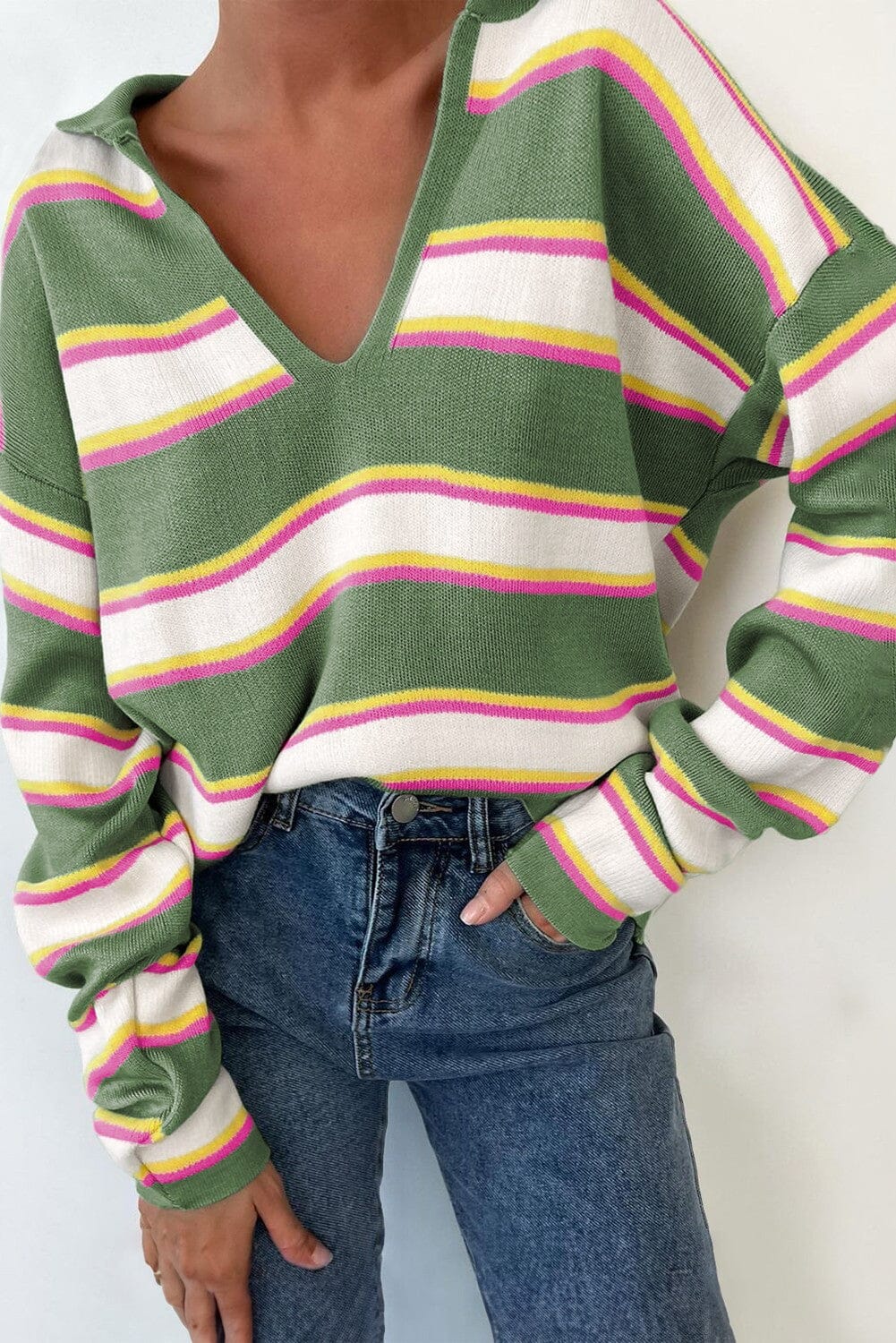 Stand Neck Long Sleeve Striped V-Neck Sweater kentce