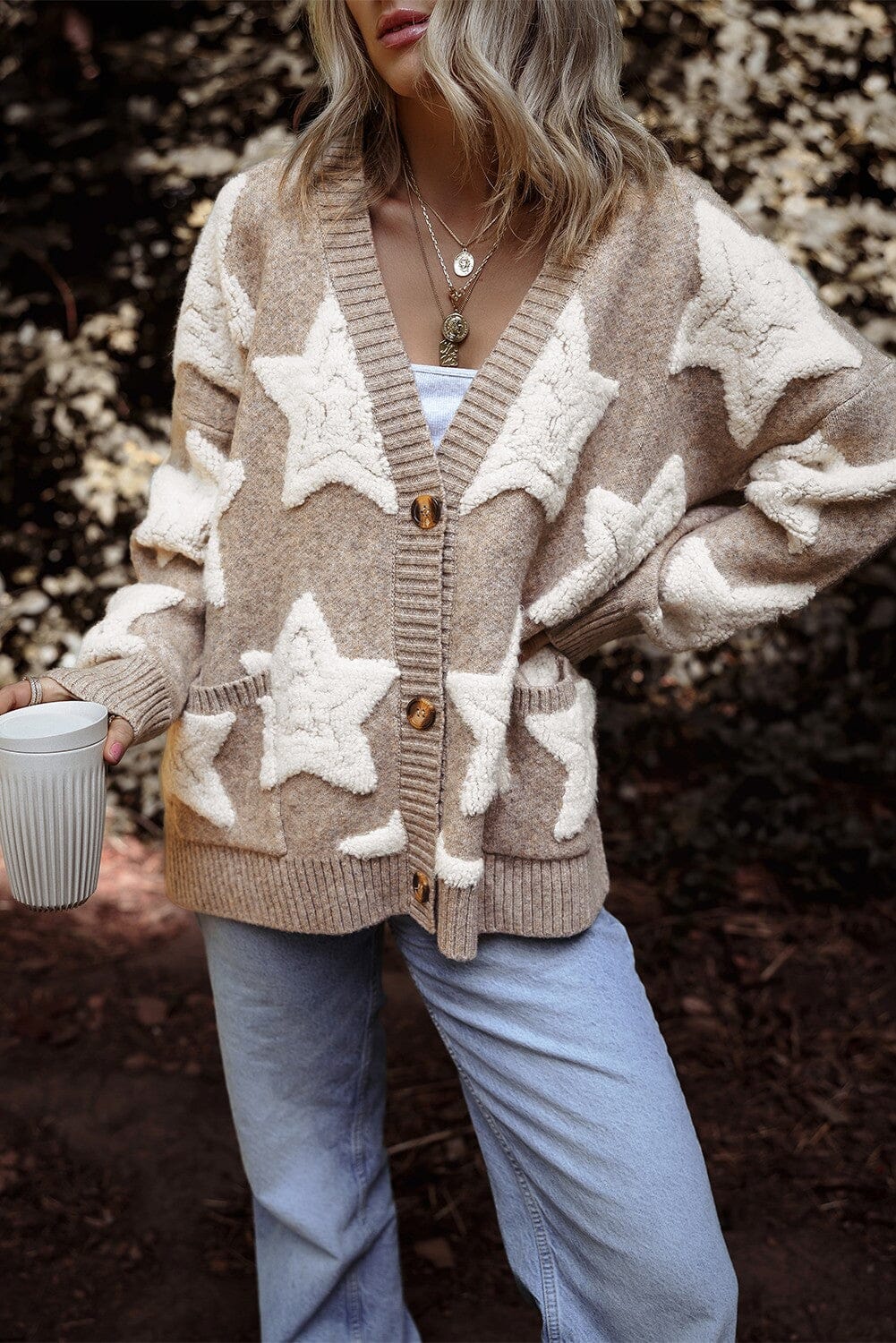 Star Pattern Textured Sweater Cardigan Kentce