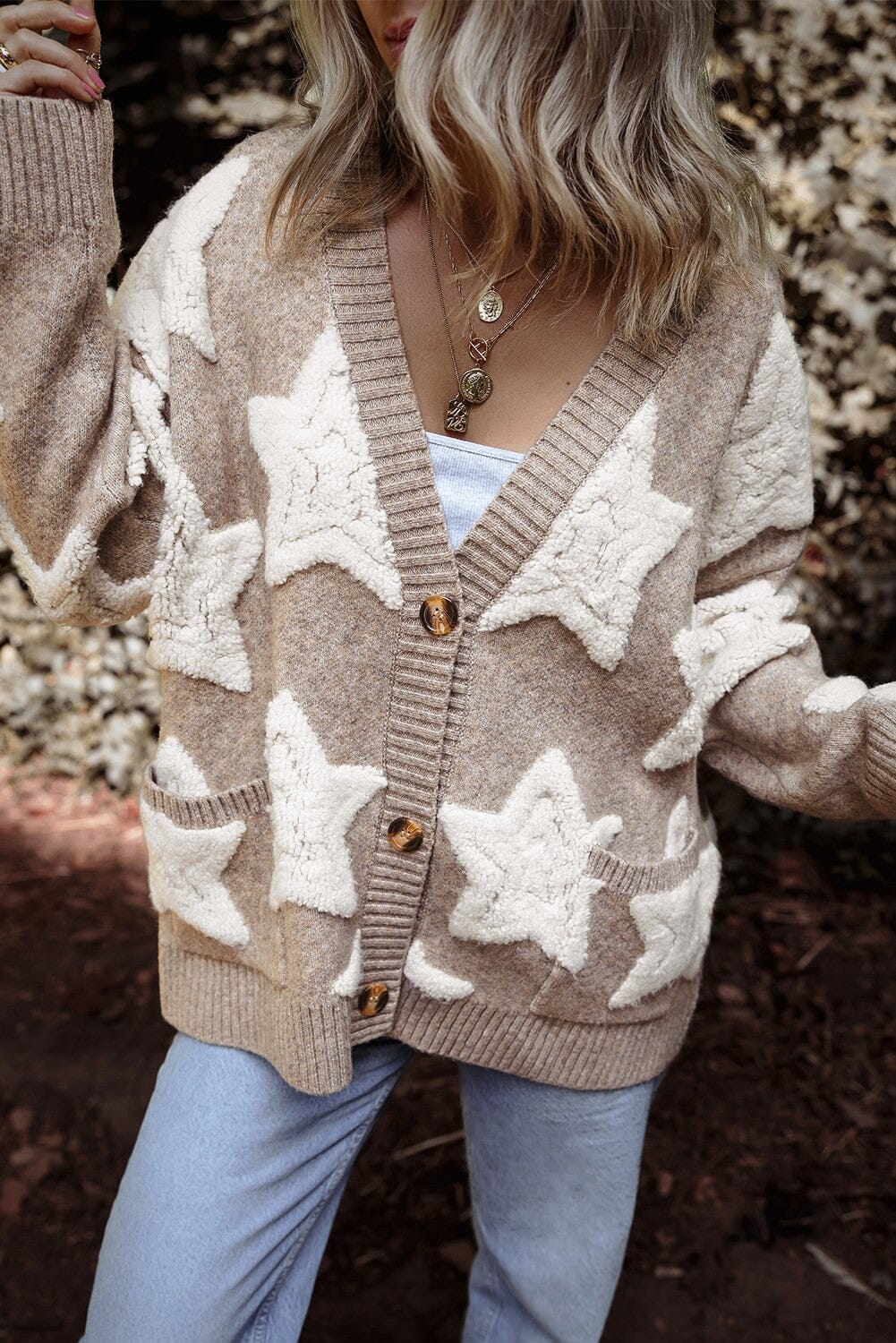 Star Pattern Textured Sweater Cardigan Kentce