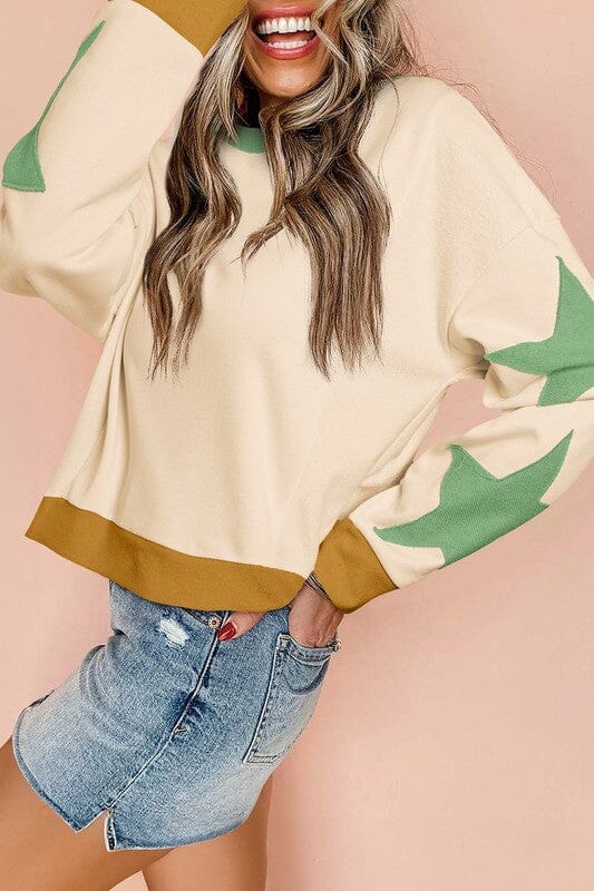 Star Sleeve Round Neck Sweatshirt Asia Direct small Green
