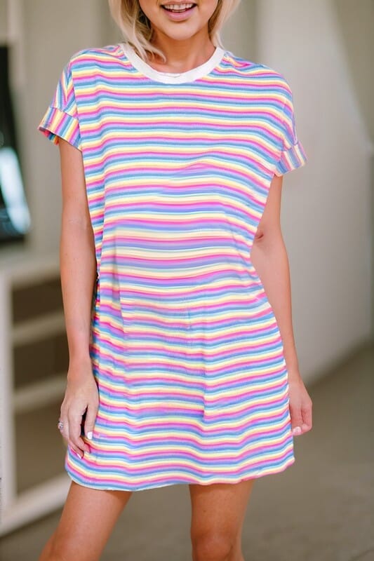Stripe Crew Neck T Shirt Dress Shewin