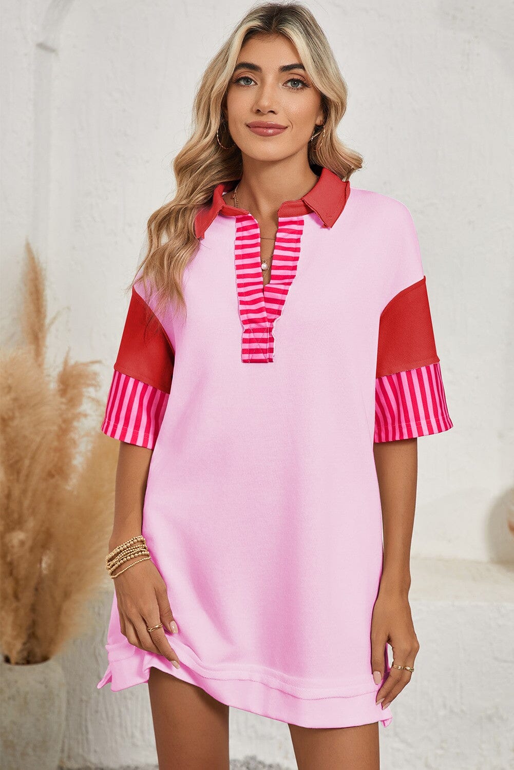 Stripe Patchwork Short Sleeve T Shirt Dress shewin