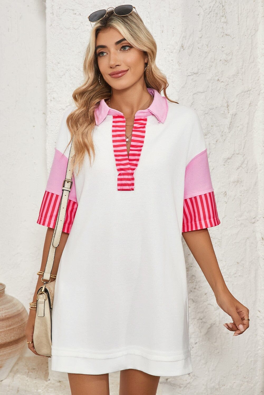 Stripe Patchwork Short Sleeve T Shirt Dress shewin