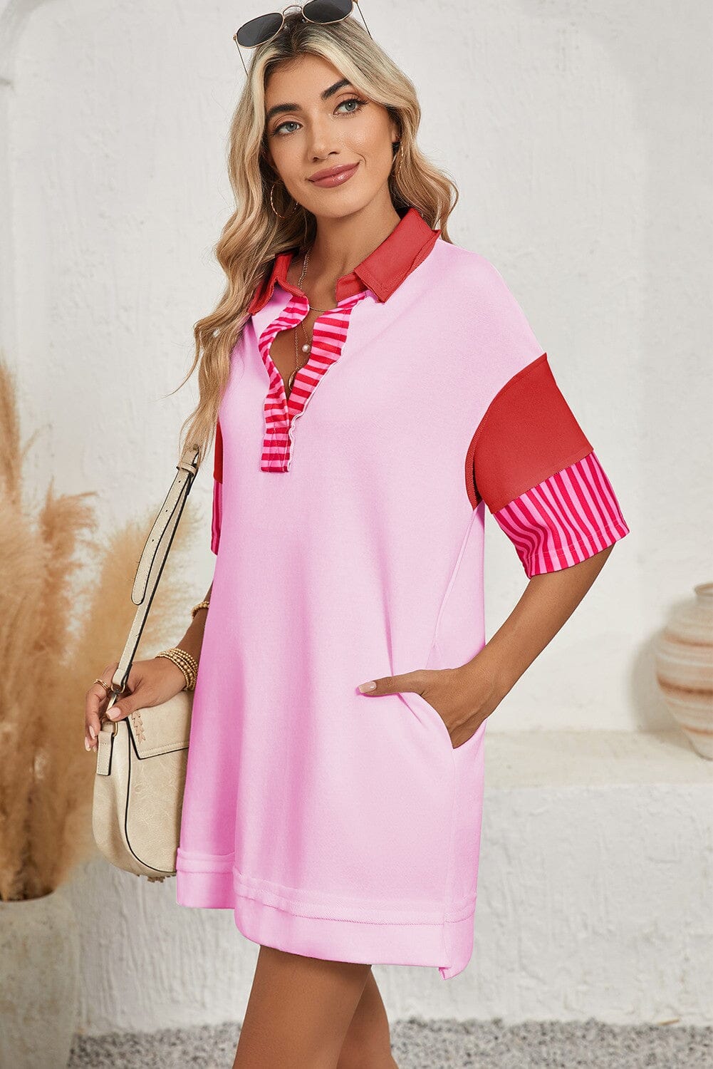 Stripe Patchwork Short Sleeve T Shirt Dress shewin
